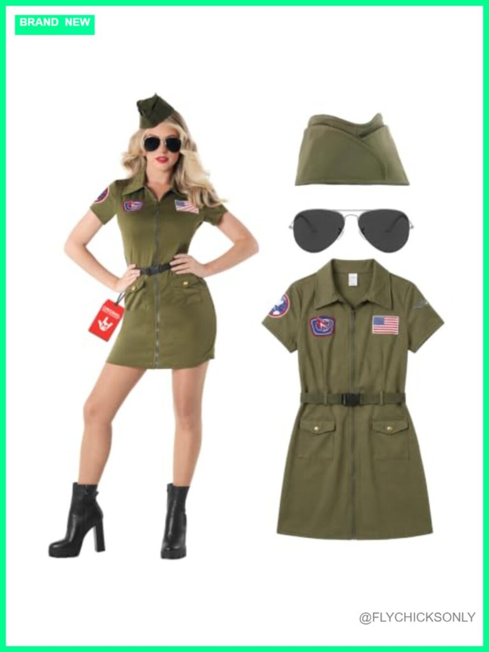 Women's Fighter Pilot Halloween Costume with Dress, Hat, Belt & Aviator
